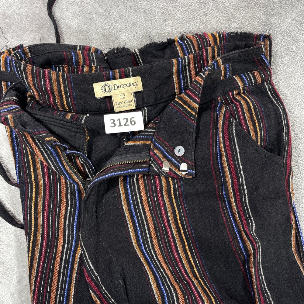 Democracy Crop Pants Womens 12 Black Striped Flex-ellent Raw Hem Wide Leg Boho - Picture 1 of 11
